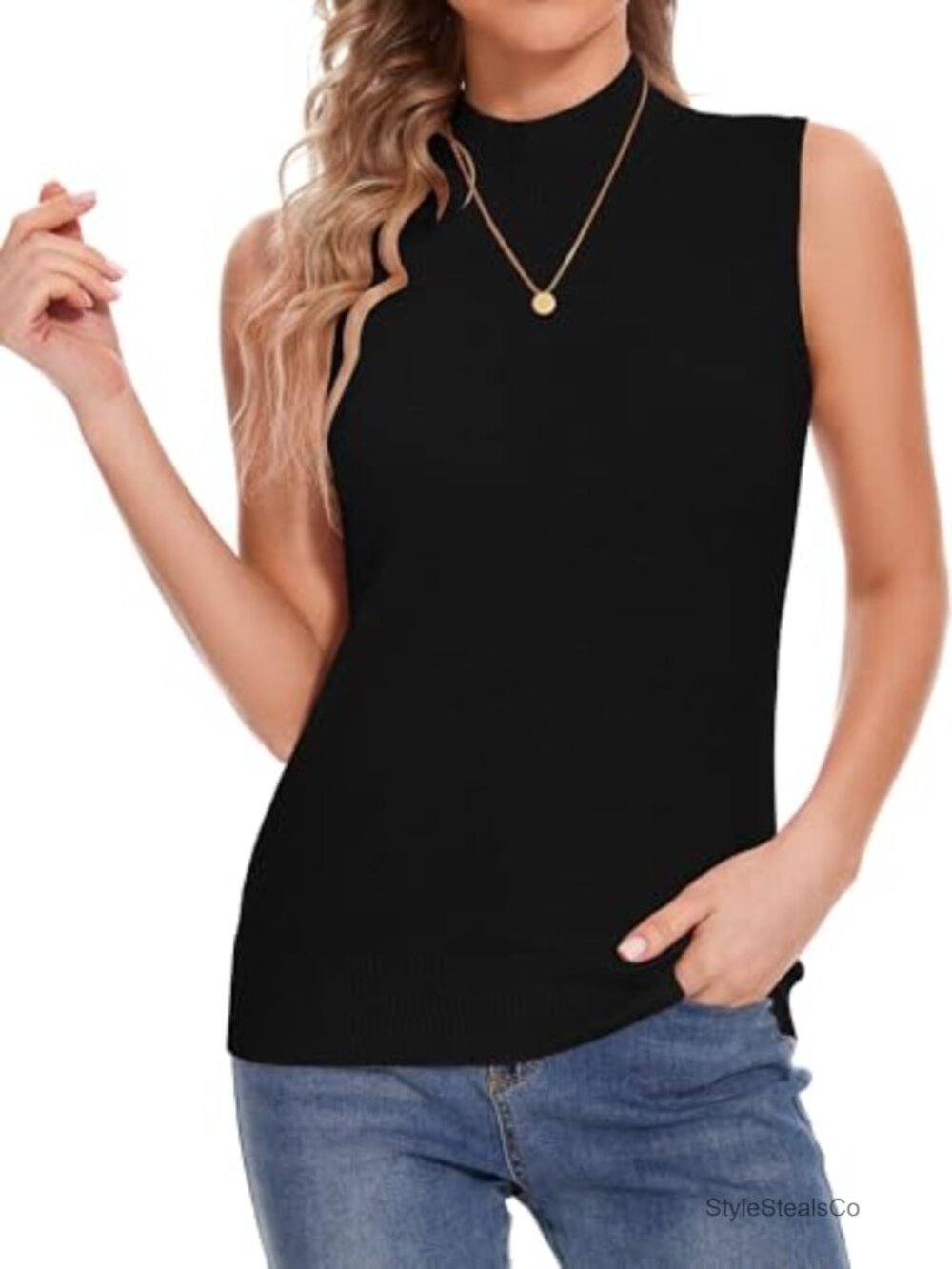 Sleeveless Mock Neck Knit Vest Top Women Slim Fit Ribbed Pullover